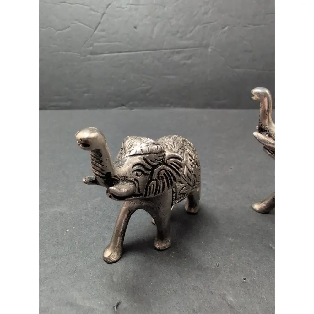 Lot Of 2 India Metal Elephants Hand Carved Collectible Trunks UpFigures 4